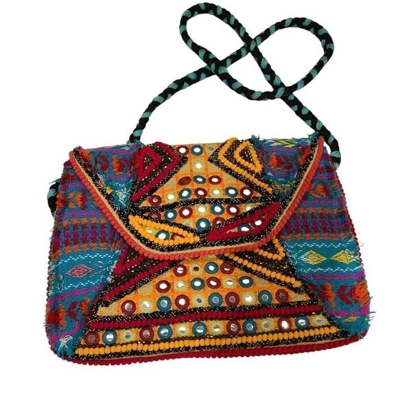 Big Buddha Womens Banjo Beading Teal Crossbody Bag Multicolor Purse Boho EUC - Picture 1 of 11